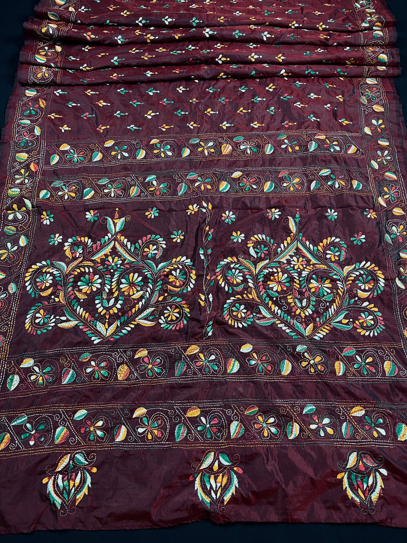 Deep Maroon Color Bangalori Silk Saree with White Kantha Stitch | Handwoven Kantha Stitch Sarees | Kantha Saress | Silk Sarees