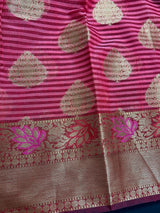 Handmade Dual Shade of Pink Maheshwari handloom Cotton Silk Saree with Antique Gold Zari Weave with Banarasi Borders | Stripe Saree