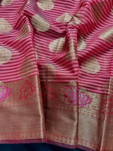 Handmade Dual Shade of Pink Maheshwari handloom Cotton Silk Saree with Antique Gold Zari Weave with Banarasi Borders | Stripe Saree