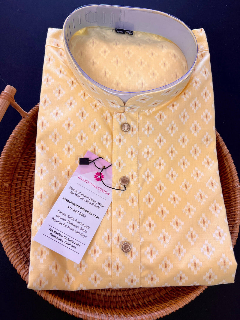Yellow Color Pure Cotton Kurta Pajama Set for Men with Self design Buttis | Pure Cotton Men Kurta | Haldi Kurta - Kaash