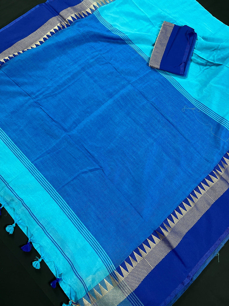 Beautiful Ocean Colors Blue, Dark Blue, Royal Blue and Light Blue Combination Saree | Pure Khaadi Handloom Saree - Kaash