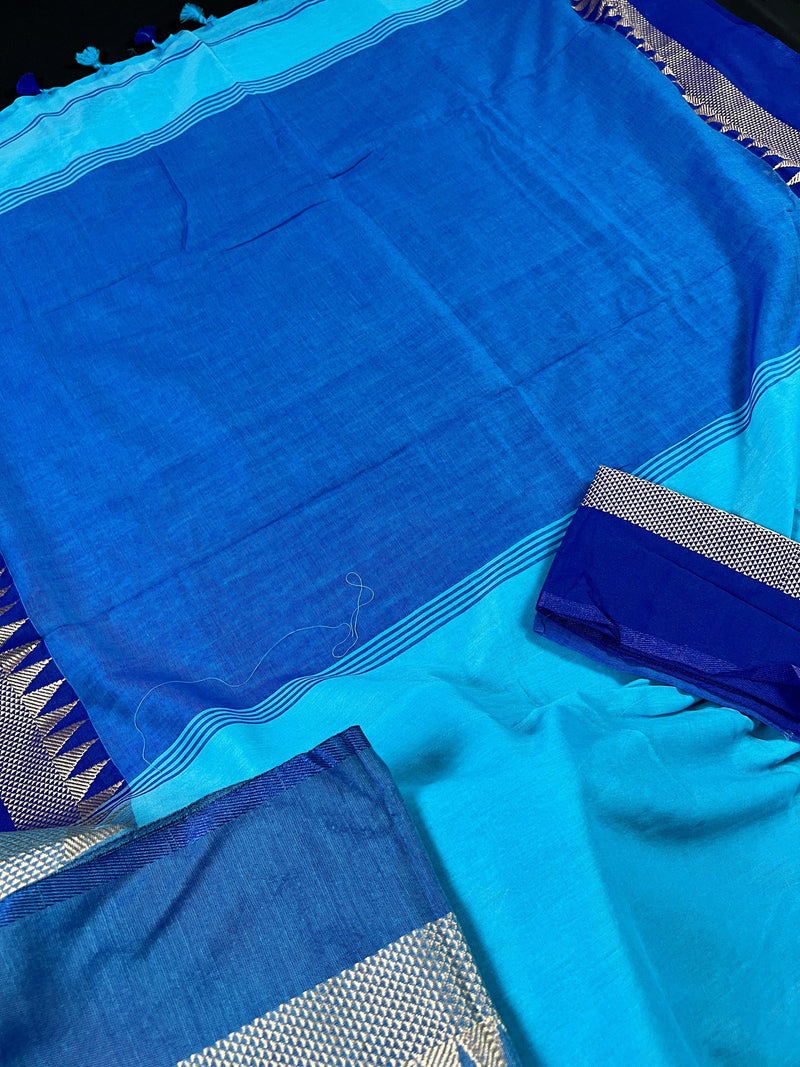 Beautiful Ocean Colors Blue, Dark Blue, Royal Blue and Light Blue Combination Saree | Pure Khaadi Handloom Saree - Kaash