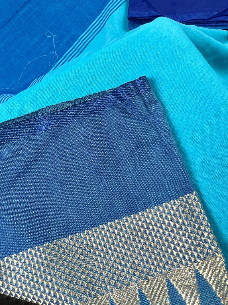 Beautiful Ocean Colors Blue, Dark Blue, Royal Blue and Light Blue Combination Saree | Pure Khaadi Handloom Saree - Kaash