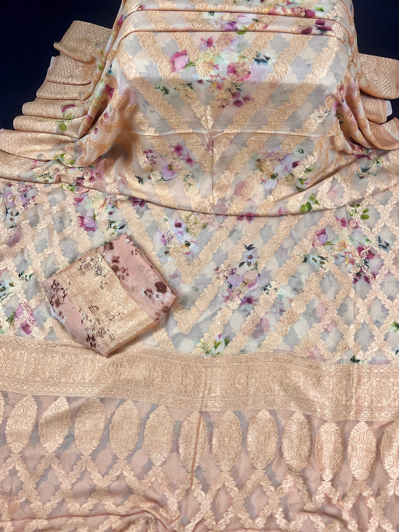 Powder Gold Matte Pure Khaddi Georgette Silk Saree with Muted Gold Zari Weave | Floral Digital Prints | SILK MARK CERTIFIED