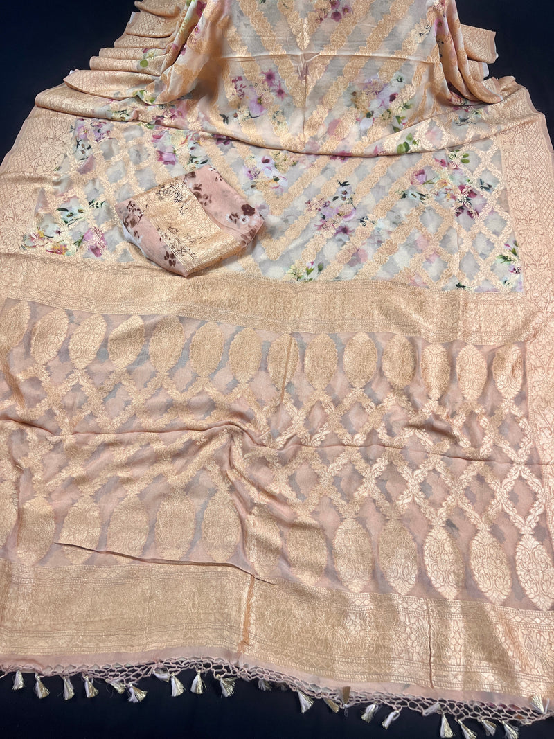 Powder Gold Matte Pure Khaddi Georgette Silk Saree with Muted Gold Zari Weave | Floral Digital Prints | SILK MARK CERTIFIED