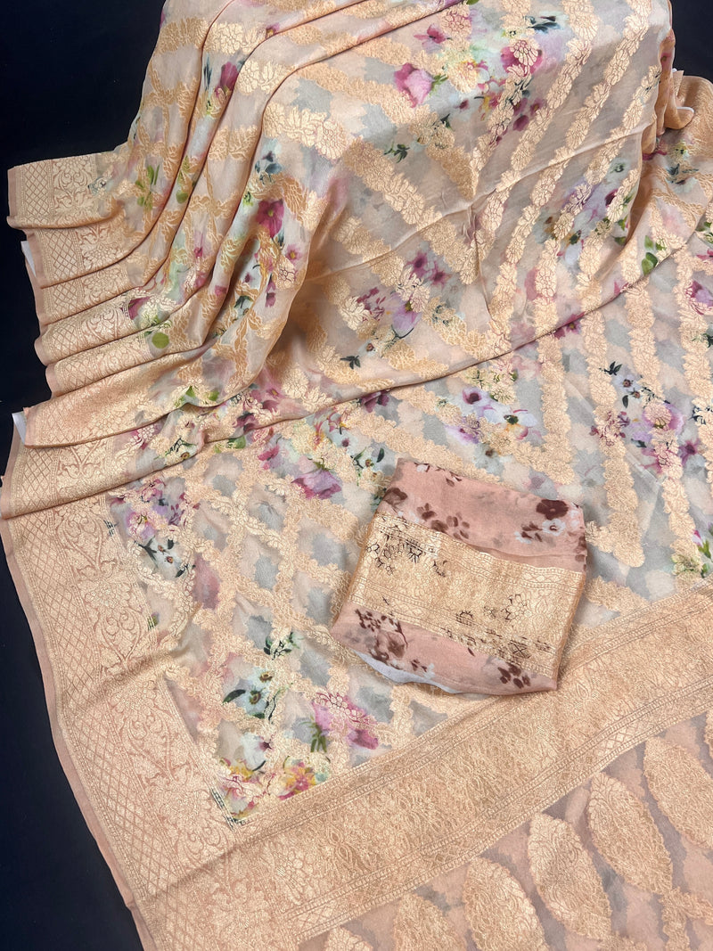 Powder Gold Matte Pure Khaddi Georgette Silk Saree with Muted Gold Zari Weave | Floral Digital Prints | SILK MARK CERTIFIED