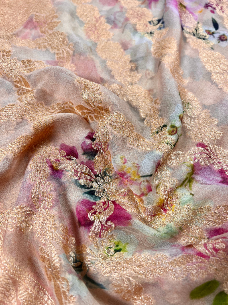 Powder Gold Matte Pure Khaddi Georgette Silk Saree with Muted Gold Zari Weave | Floral Digital Prints | SILK MARK CERTIFIED