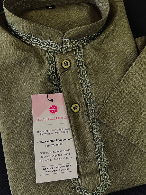 Boys Olive Green Color Premium Cotton Silk Kurta Pajama Set with Embroidery Neckline  | Cotton Kids  Kurtas | Boys Kurta Pajama Sets