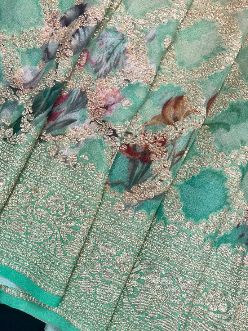 Ombre Sea Green Pure Khaddi Georgette Silk Saree with Muted Gold Zari and Digital Floral Prints | Handwoven Sarees | Silk Mark Certified