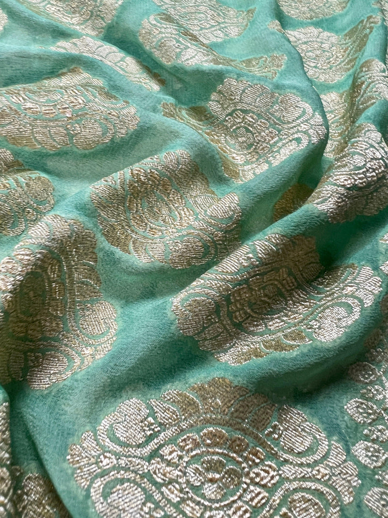 Ombre Sea Green Pure Khaddi Georgette Silk Saree with Muted Gold Zari and Digital Floral Prints | Handwoven Sarees | Silk Mark Certified - Kaash