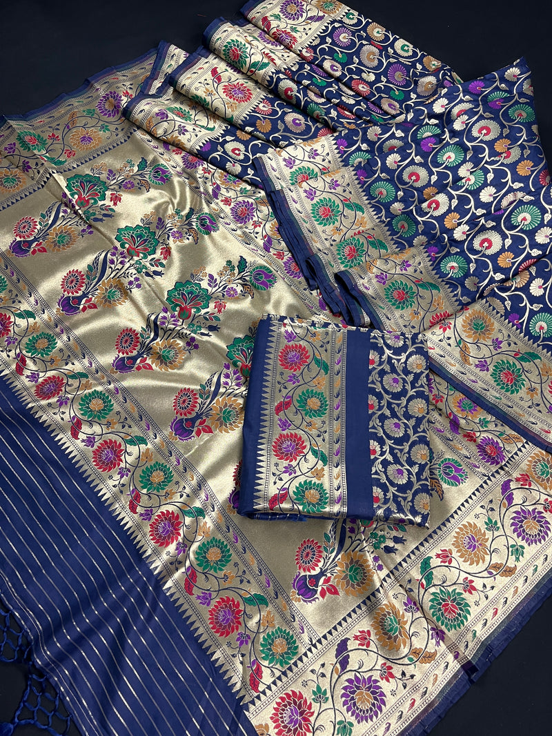 Midnight Blue Saree with Meenakari Floral Jaal Pattern with Muted Gold Zari | Multi Color Saree | Meenakari Saree | Kaash Collection