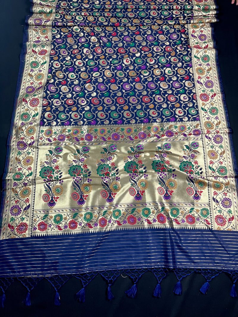 Midnight Blue Saree with Meenakari Floral Jaal Pattern with Muted Gold Zari | Multi Color Saree | Meenakari Saree | Kaash Collection