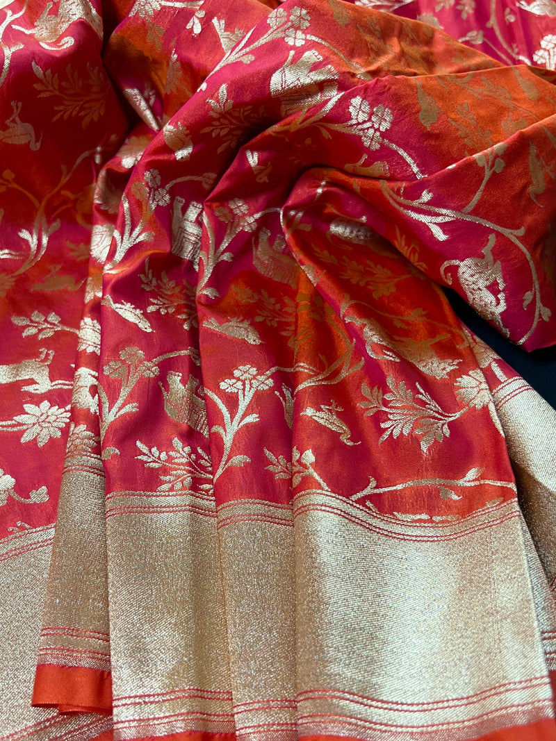 Triple Tone Peach with tint of Orange and Pink Semi Katan Silk | Handloom Saree | Shikargarh Banarasi Saree
