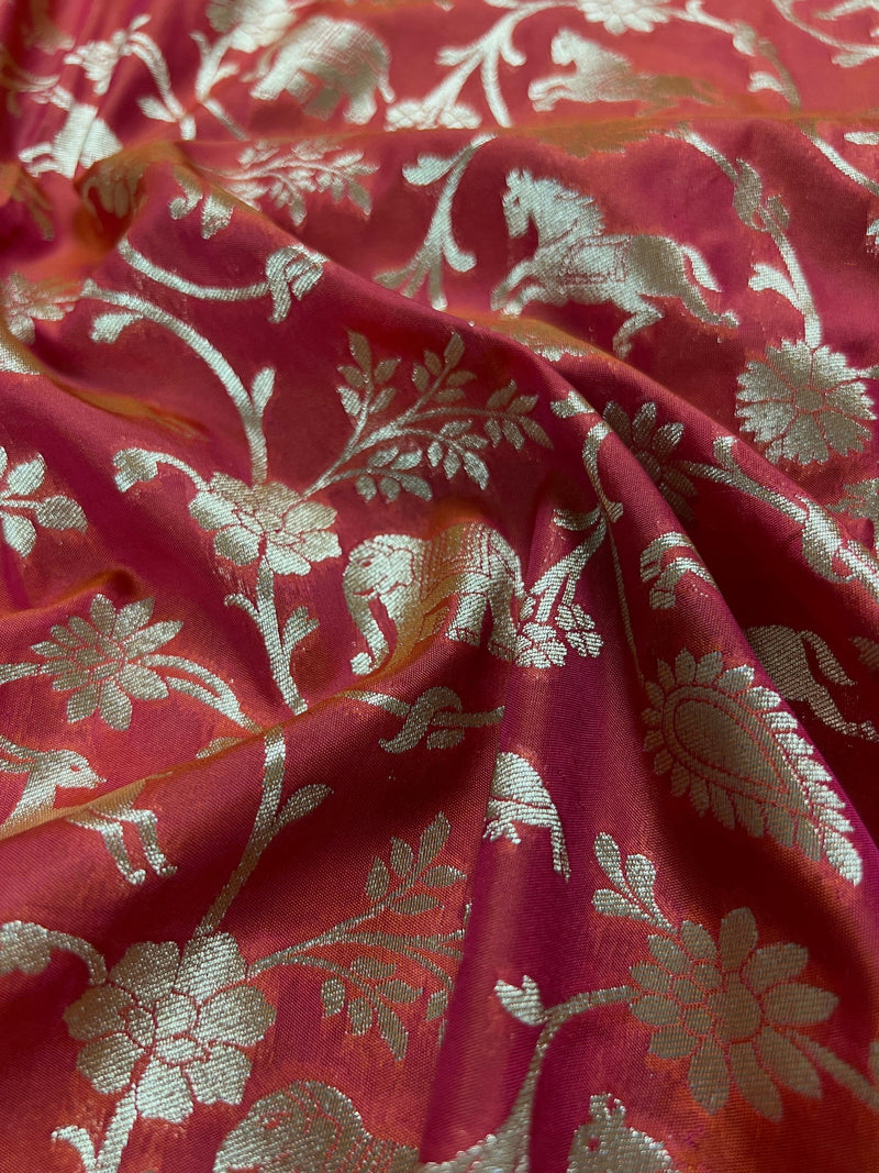 Triple Tone Peach with tint of Orange and Pink Semi Katan Silk | Handloom Saree | Shikargarh Banarasi Saree - Kaash