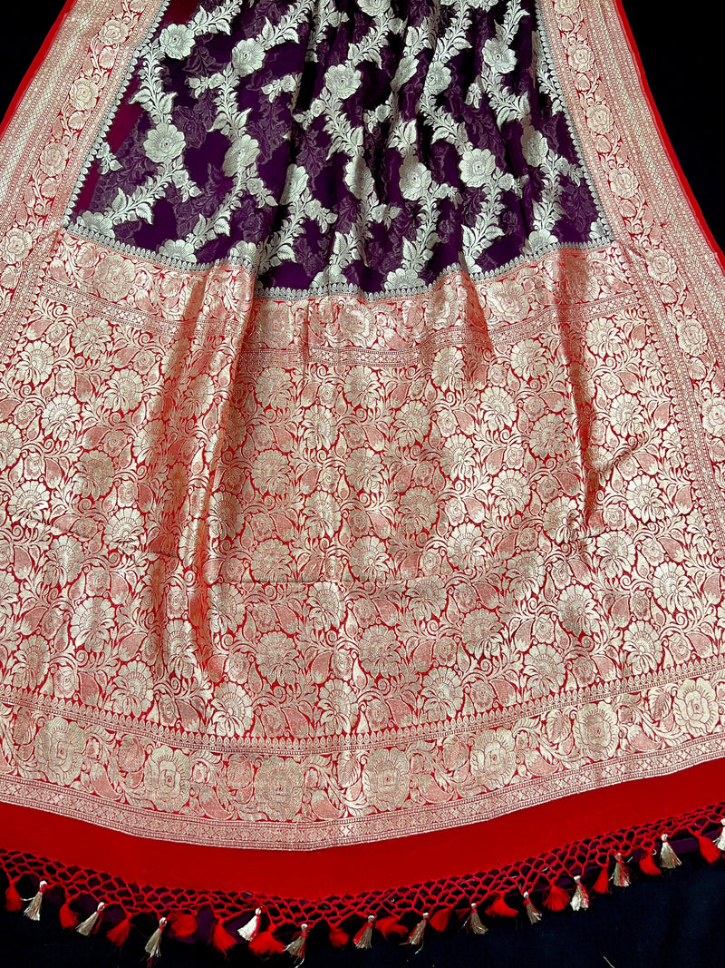 Purple and Red Banarasi Pure Khaadi Georgette Silk Saree | Floral Jaal Saree in Muted Gold Zari | SILK MARK CERTIFIED - Kaash