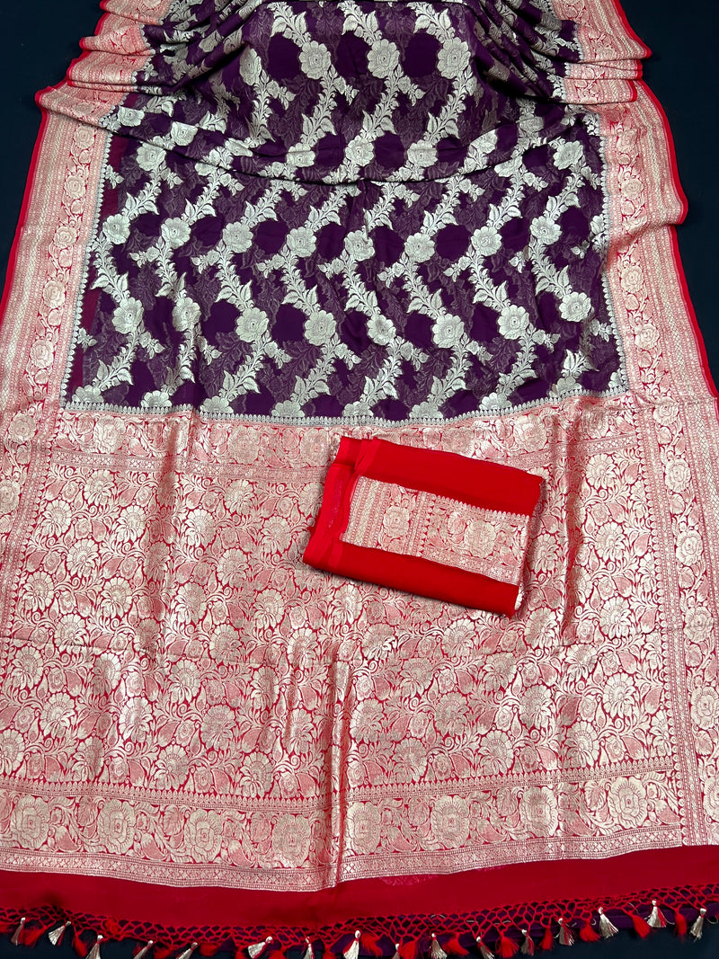 Purple and Red Banarasi Pure Khaadi Georgette Silk Saree | Floral Jaal Saree in Muted Gold Zari | SILK MARK CERTIFIED
