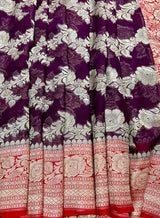 Purple and Red Banarasi Pure Khaadi Georgette Silk Saree | Floral Jaal Saree in Muted Gold Zari | SILK MARK CERTIFIED