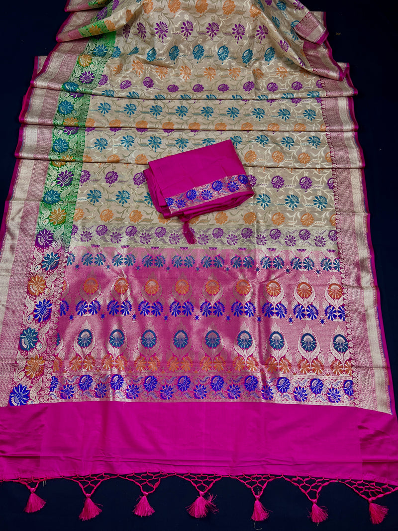 Beige with Hot Pink Color Saree | Floral design Traditional Banarasi Silk Handloom Saree | Zari Weave and Meenakari Work | Satin Borders