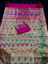 Beige with Hot Pink Color Saree | Floral design Traditional Banarasi Silk Handloom Saree | Zari Weave and Meenakari Work | Satin Borders