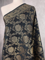 Black Color Banarasi Silk Floral Designer Dupatta with Muted Gold Zari| Light Weight Dupatta | Stole | Scarf | Benarasi Dupatta