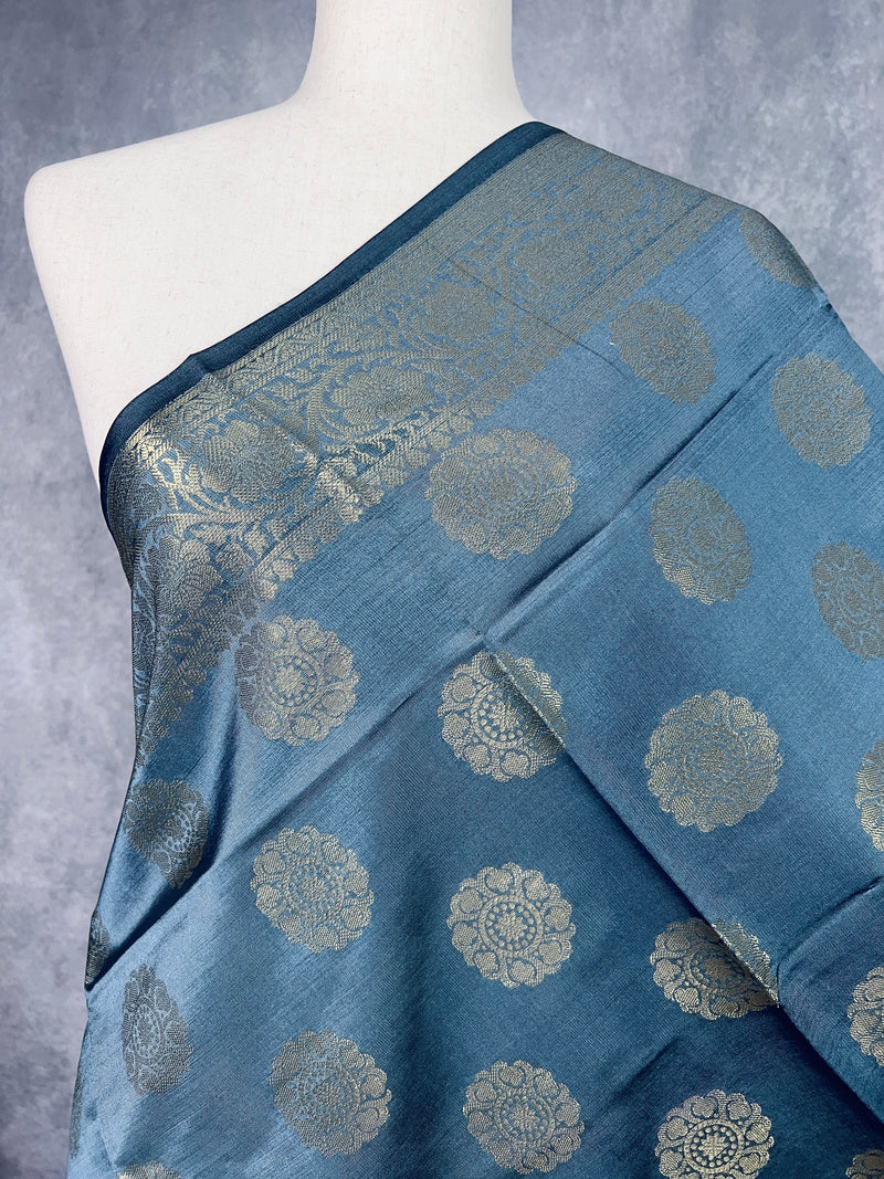 Grey Color Banarasi Silk Chakra Designer Dupatta with Muted Gold Zari| Light Weight Dupatta | Stole | Scarf | Benarasi Dupatta