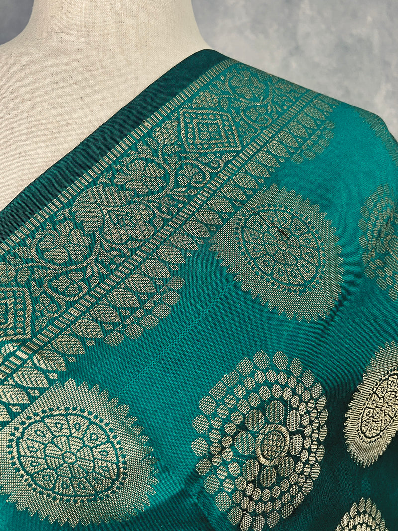 Rama Green Banarasi Silk Chakra Designer Dupatta with Muted Gold Zari| Light Weight Dupatta | Stole | Scarf | Benarasi Dupatta