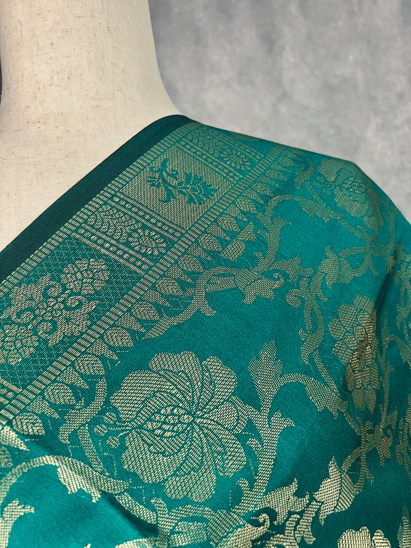 Rama Green Banarasi Silk Floral Designer Dupatta with Muted Gold Zari| Light Weight Dupatta | Stole | Scarf | Benarasi Dupatta
