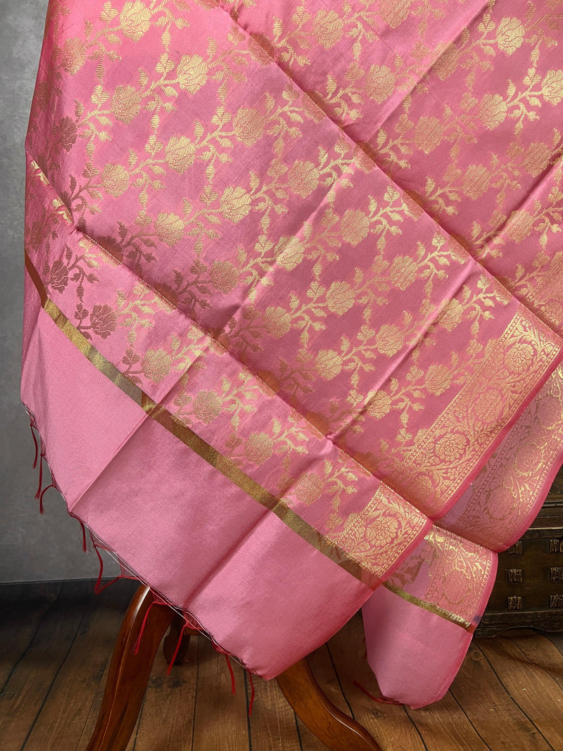 Baby Pink Floral Jaal Soft Silk Dupatta | Light Weight | Indian Dupatta | Stole | Scarf | Gift For Her | Dupattas for Gift | Indian Gifts - Kaash