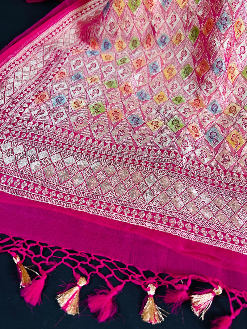 Magenta Pink Pure Khaddi Georgette Silk Saree with Water Zari and Hand Brush | Floral Sarees | SILK MARK CERTIFIED | Kaash Collection Sarees - Kaash Collection