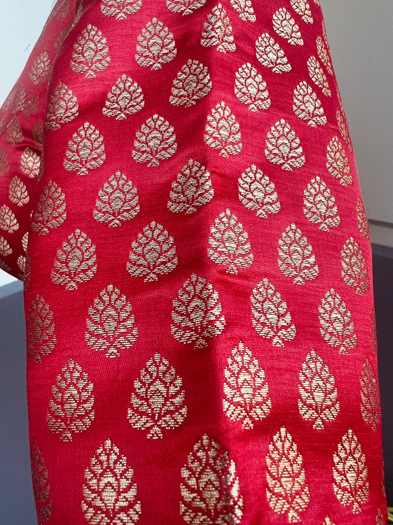 Red Readymade Banarasi Blouse with Gold Buttis in Pure Banarasi Silk | Readymade Blouses | Red Blouse | Stitched Blouse - Kaash