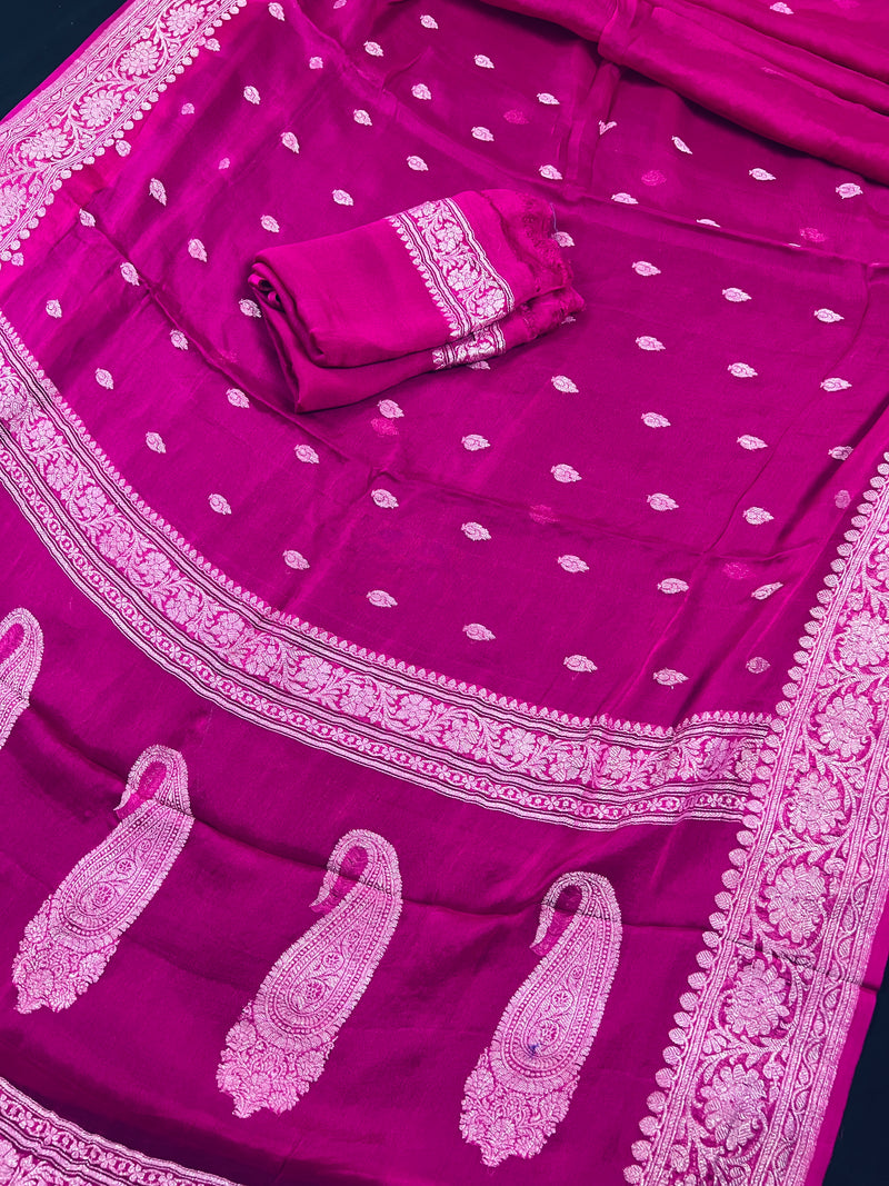 Magenta Pink Pure Chiffon Silk Saree with Sliver Zari Work | Ambi Style Butta on the Border | Party Wear Sarees | SILK MARK CERTIFIED