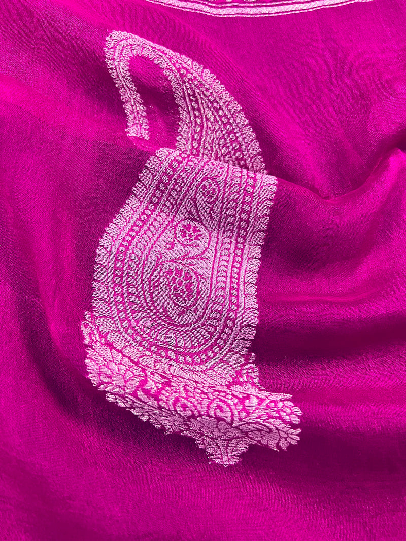 Magenta Pink Pure Chiffon Silk Saree with Sliver Zari Work | Ambi Style Butta on the Border | Party Wear Sarees | SILK MARK CERTIFIED