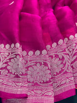 Magenta Pink Pure Chiffon Silk Saree with Sliver Zari Work | Ambi Style Butta on the Border | Party Wear Sarees | SILK MARK CERTIFIED