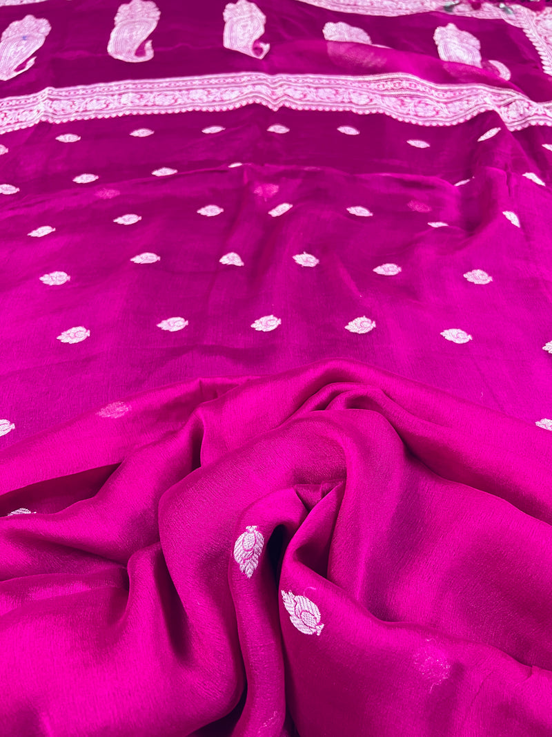 Magenta Pink Pure Chiffon Silk Saree with Sliver Zari Work | Ambi Style Butta on the Border | Party Wear Sarees | SILK MARK CERTIFIED
