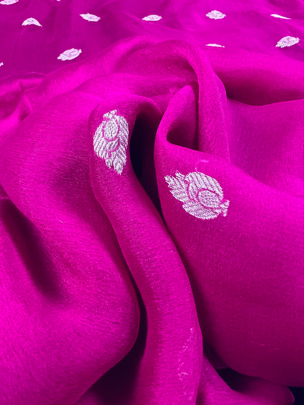Magenta Pink Pure Chiffon Silk Saree with Sliver Zari Work | Ambi Style Butta on the Border | Party Wear Sarees | SILK MARK CERTIFIED