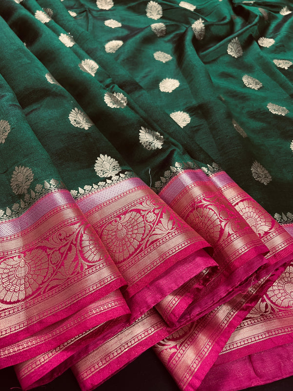 Bottle Green and Magenta Pink Pure Dupion Silk Saree with Floral buttis | Statement Sarees | Banarasi Pure Dupion Silk Saree