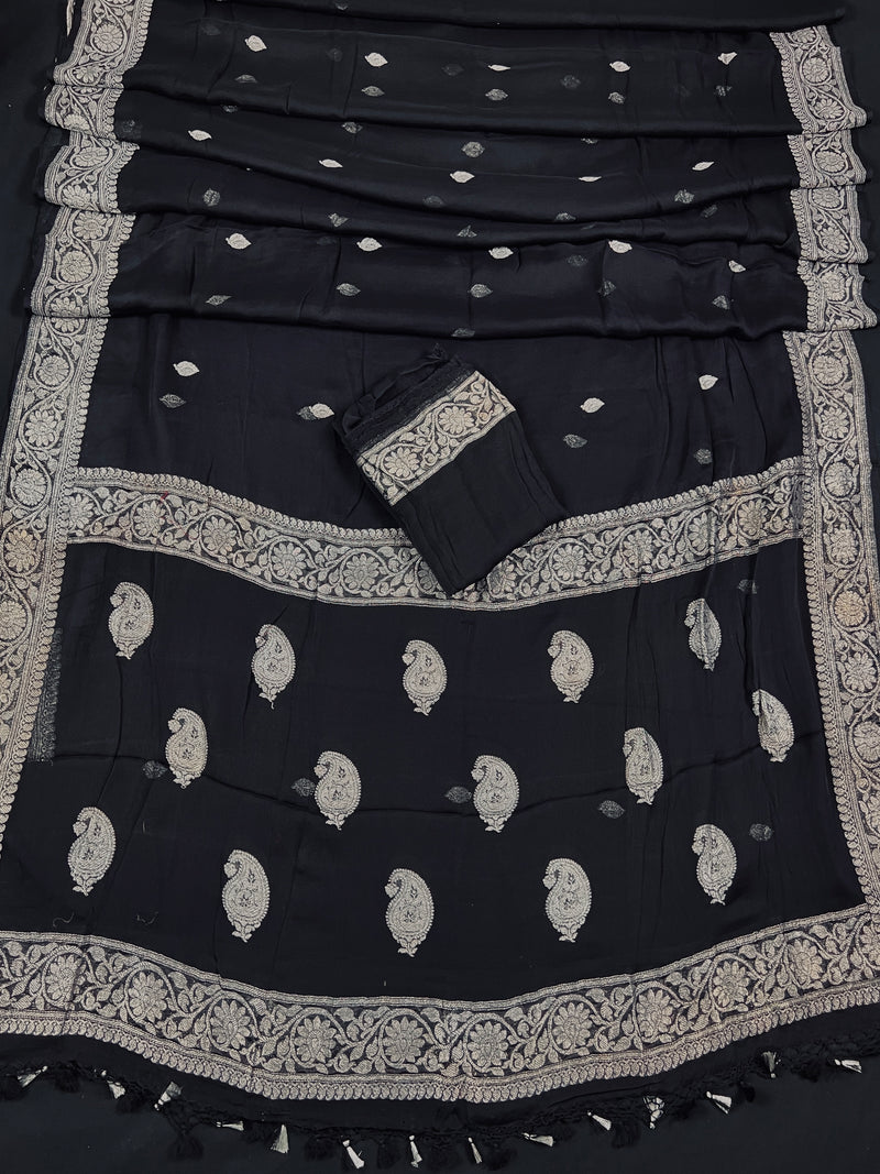 Black Pure Chiffon Silk Saree with Sliver Zari Work | Ambi Style Butta on the Border | Party Wear Sarees | SILK MARK CERTIFIED