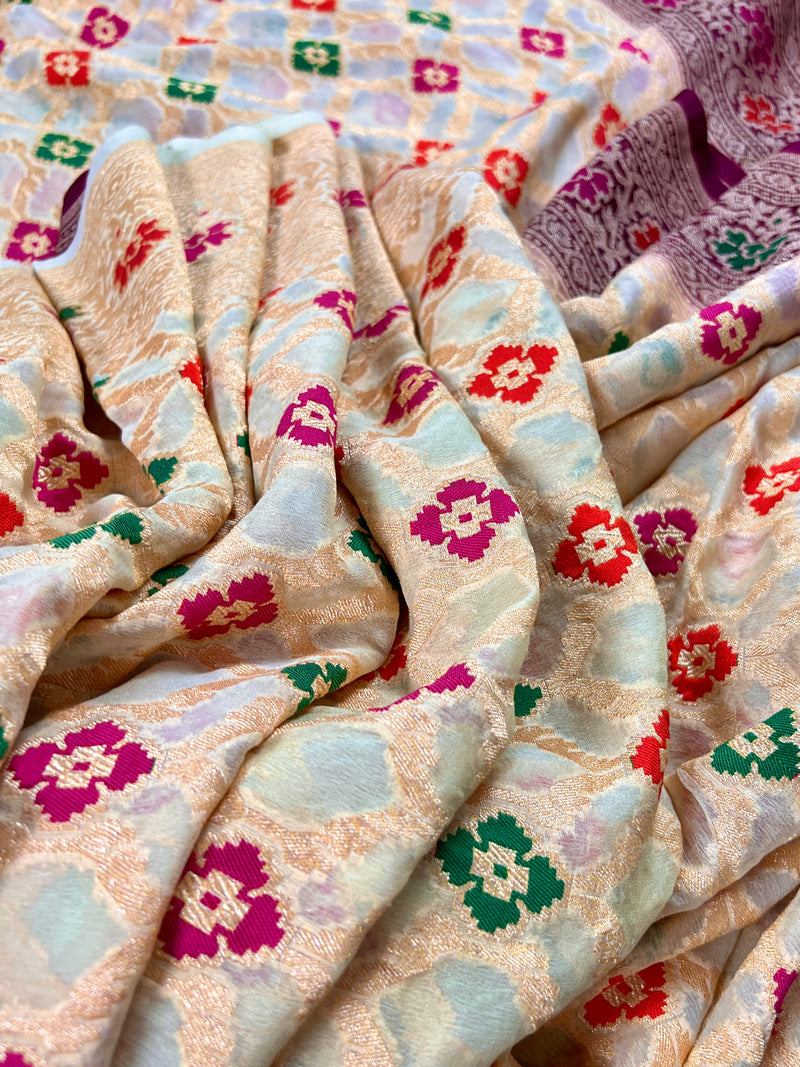 Cream Gold Pure Khaddi Georgette Banarasi Silk Saree | Floral Meenakari Sarees | Banarasi Handwoven Pure Saree | SILK MARK CERTIFIED