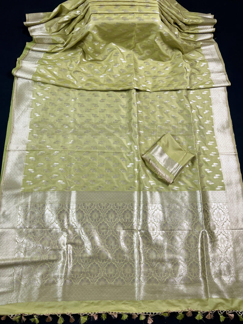 Handmade Pastel Pista Green Semi Mashru Silk in Sliver Zari with Floral buttis Design | Banarasi Silk Saree | Soft Silk Sarees