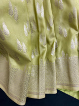 Handmade Pastel Pista Green Semi Mashru Silk in Sliver Zari with Floral buttis Design | Banarasi Silk Saree | Soft Silk Sarees