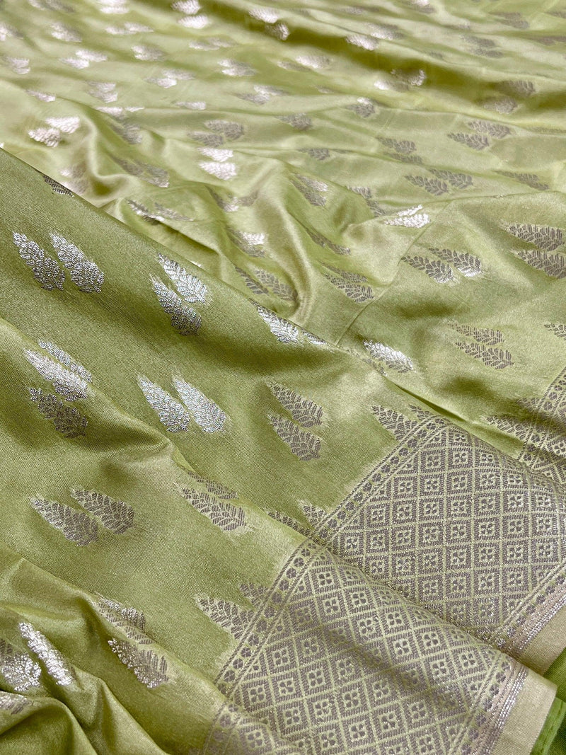 Handmade Pastel Pista Green Semi Mashru Silk in Sliver Zari with Floral buttis Design | Banarasi Silk Saree | Soft Silk Sarees