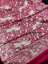 Hot Pink Parsi Gara Pure Handloom Georgette Silk Saree | Parsi Gara Saree | Rani Color Saree | Kaash Collection - Kaash Collection