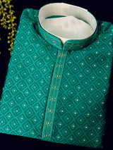 Men's Emerald Green Self-Patt Wedding Silk Blend Kurta - Wedding & Festive Outfit