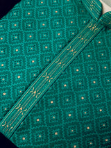Men's Emerald Green Self-Patt Wedding Silk Blend Kurta - Wedding & Festive Outfit