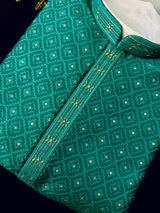 Men's Emerald Green Self-Patt Wedding Silk Blend Kurta - Wedding & Festive Outfit