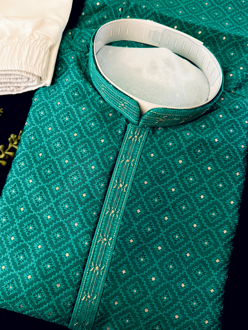 Men's Emerald Green Self-Patt Wedding Silk Blend Kurta - Wedding & Festive Outfit