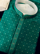 Men's Emerald Green Self-Patt Wedding Silk Blend Kurta - Wedding & Festive Outfit