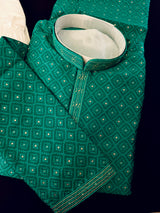 Men's Emerald Green Self-Patt Wedding Silk Blend Kurta - Wedding & Festive Outfit