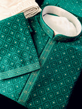 Men's Emerald Green Self-Patt Wedding Silk Blend Kurta - Wedding & Festive Outfit