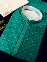 Men's Emerald Green Self-Patt Wedding Silk Blend Kurta - Wedding & Festive Outfit
